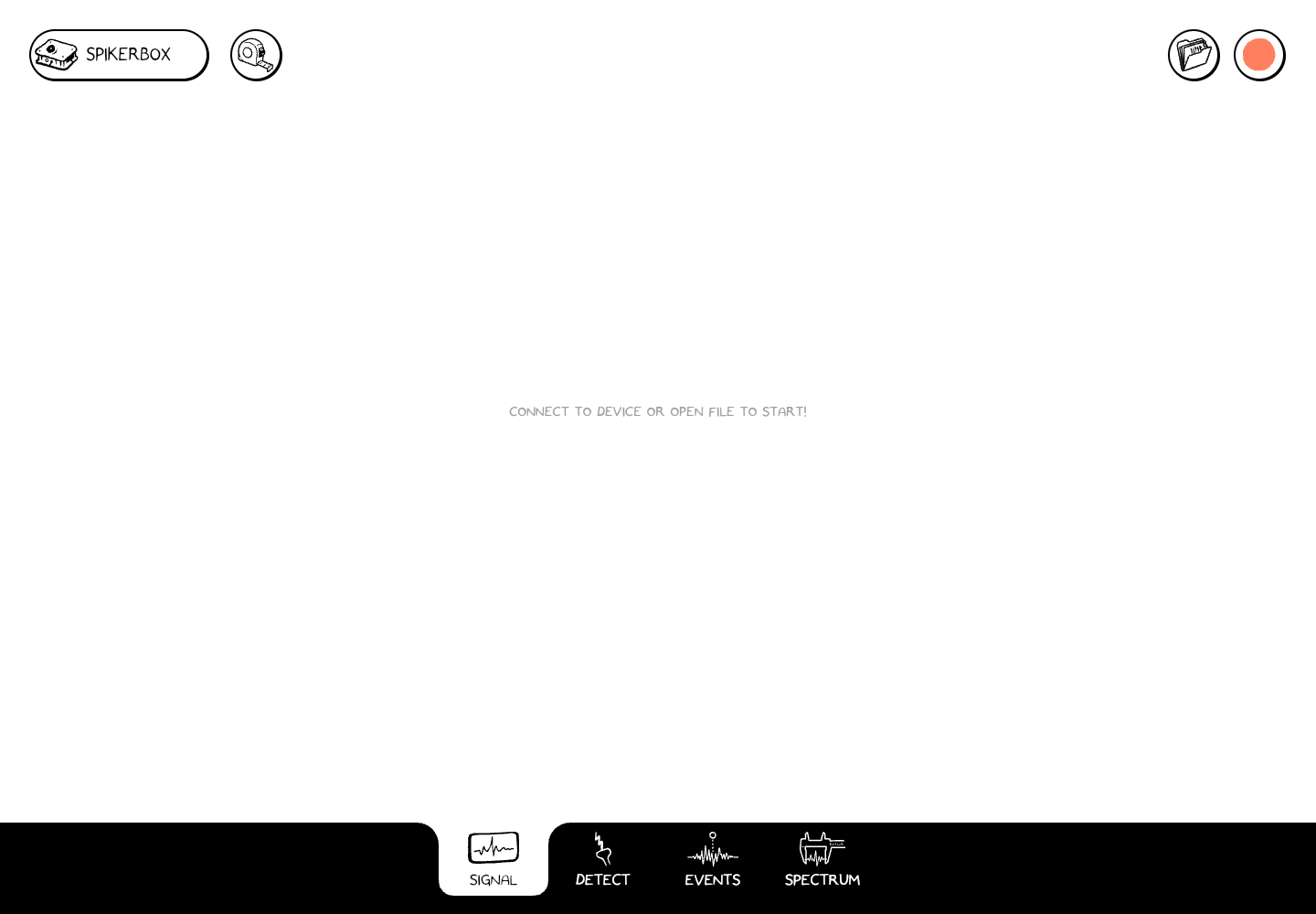 Spike Recorder start screen, with SpikerBox and Measure at the upper left, File and Record at the upper right, and four workspace tabs below.