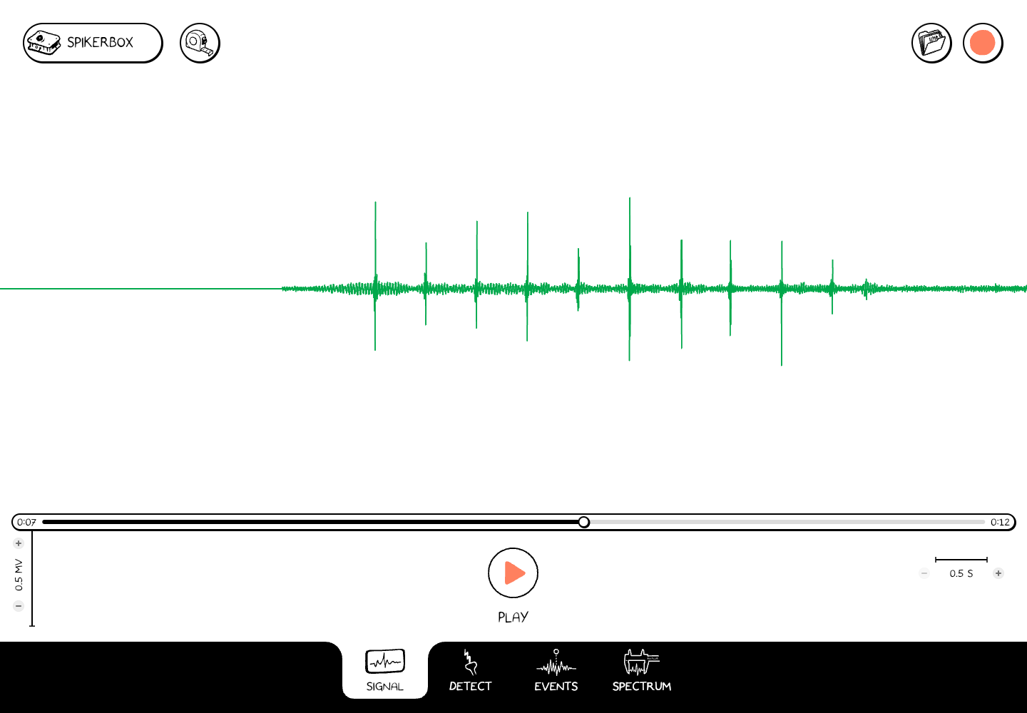 An open recording in Signal, showing the green waveform, top controls, amplitude and time scales, playback slider, Play button, and workspace tabs.
