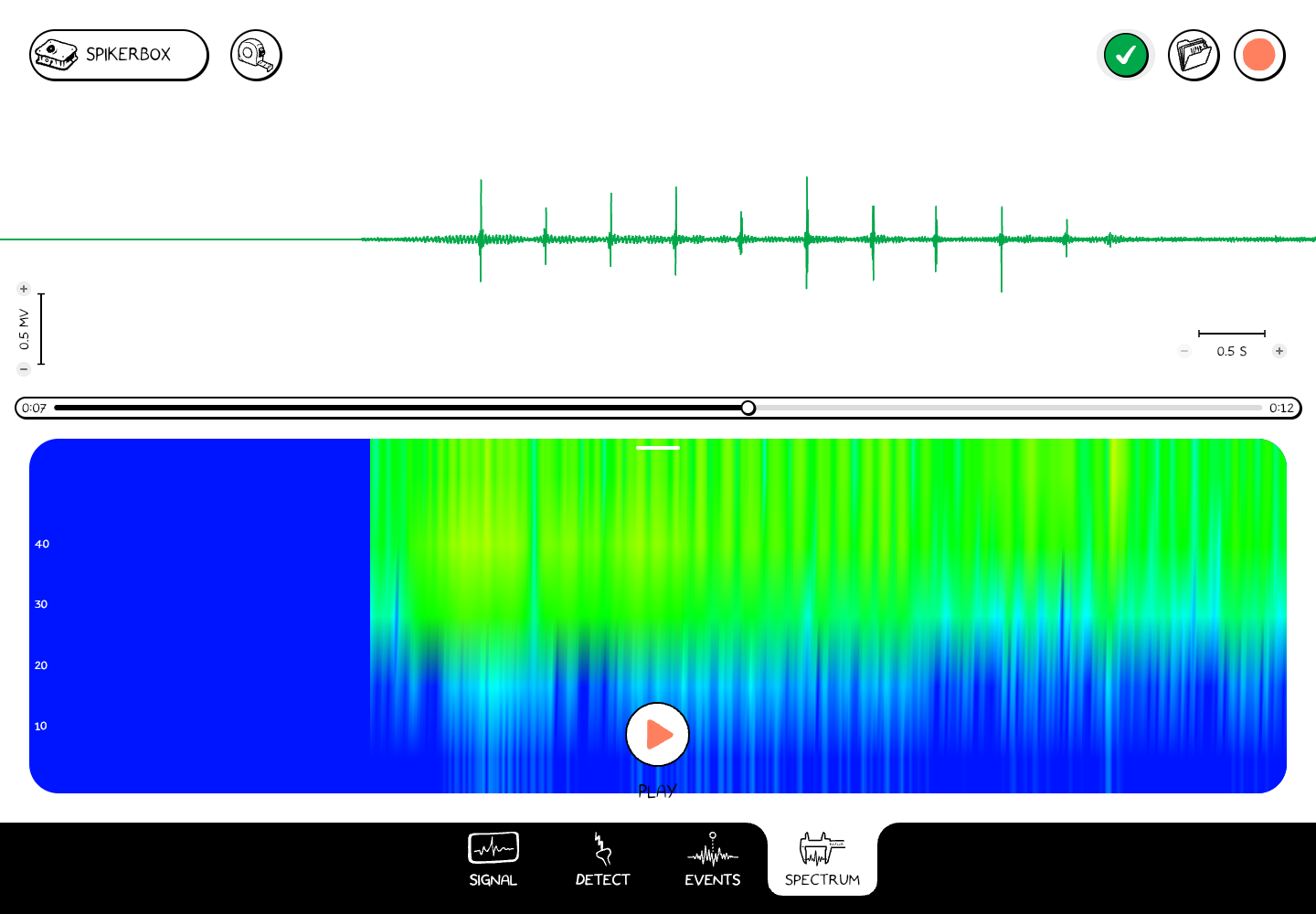Spectrum workspace with a waveform in the upper part of the screen and a blue and green spectrogram below.