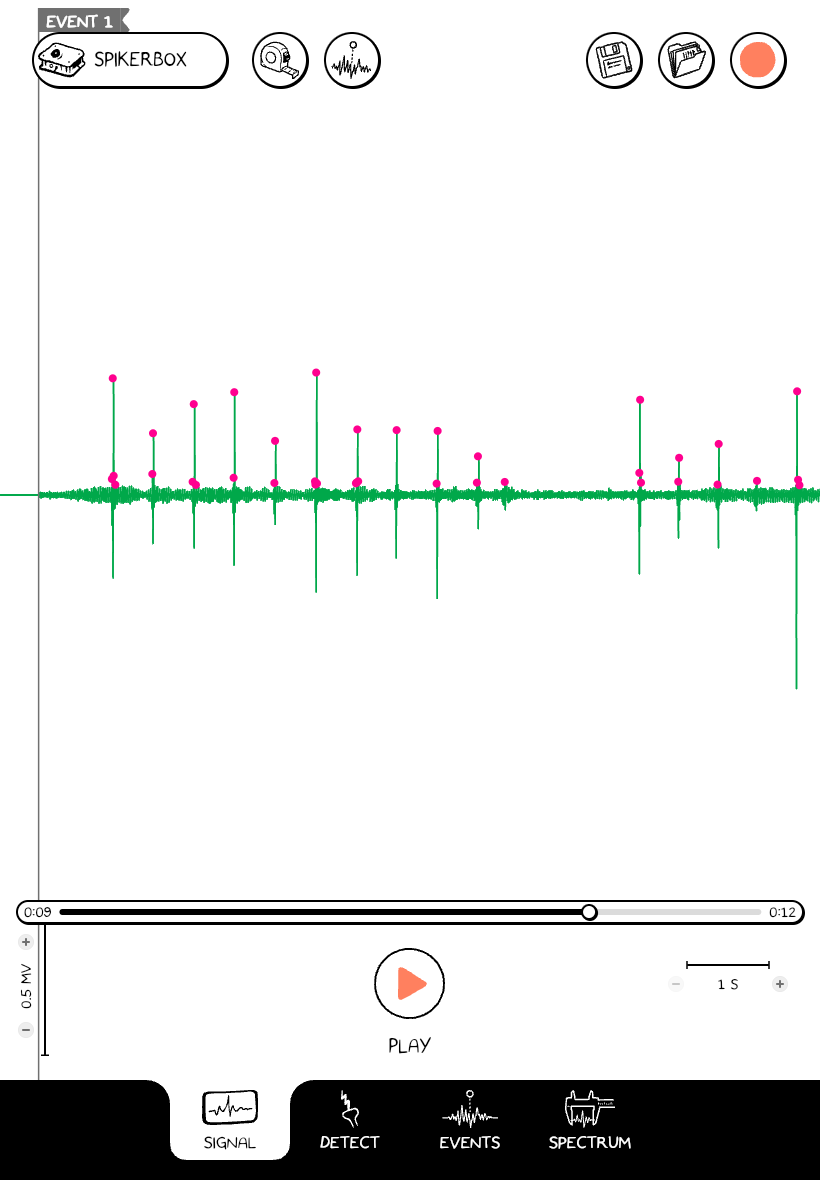 Tablet-sized web layout with the waveform above the playback controls and the same four tabs along the bottom.