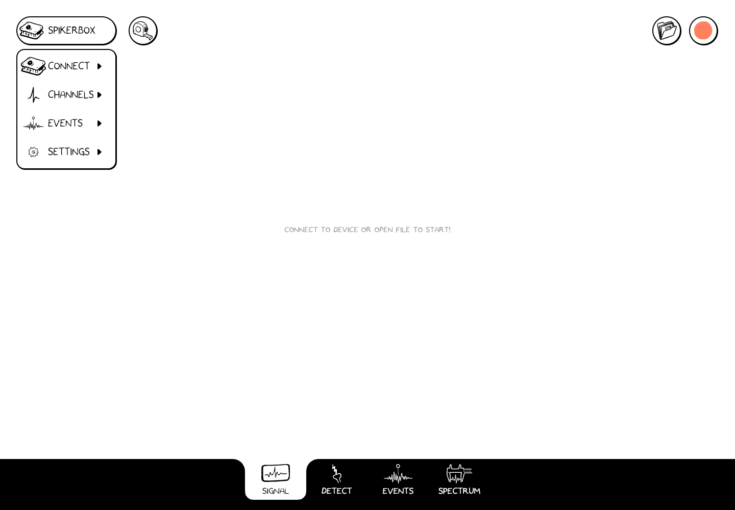 The SpikerBox menu expanded, showing Connect, Channels, Events, and Settings.